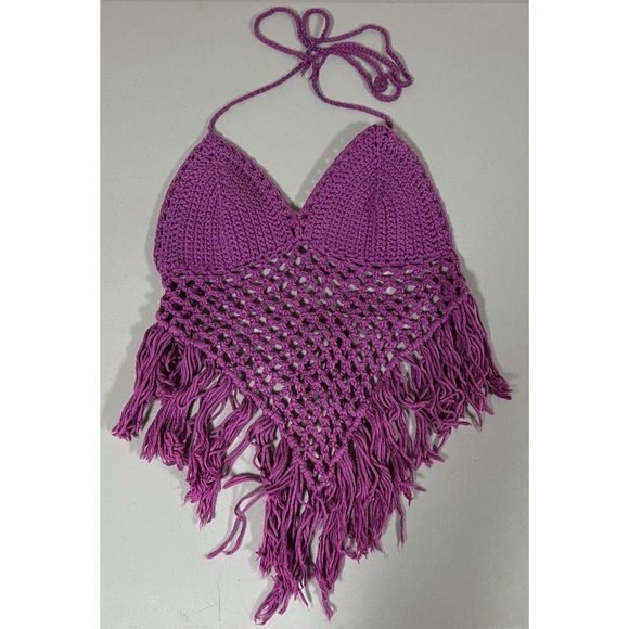 Purple Crochet Knit Tassel Halter Beach Swim Coverup Crop Top Shirt Size M 💜🏝️ - Picture 1 of 3